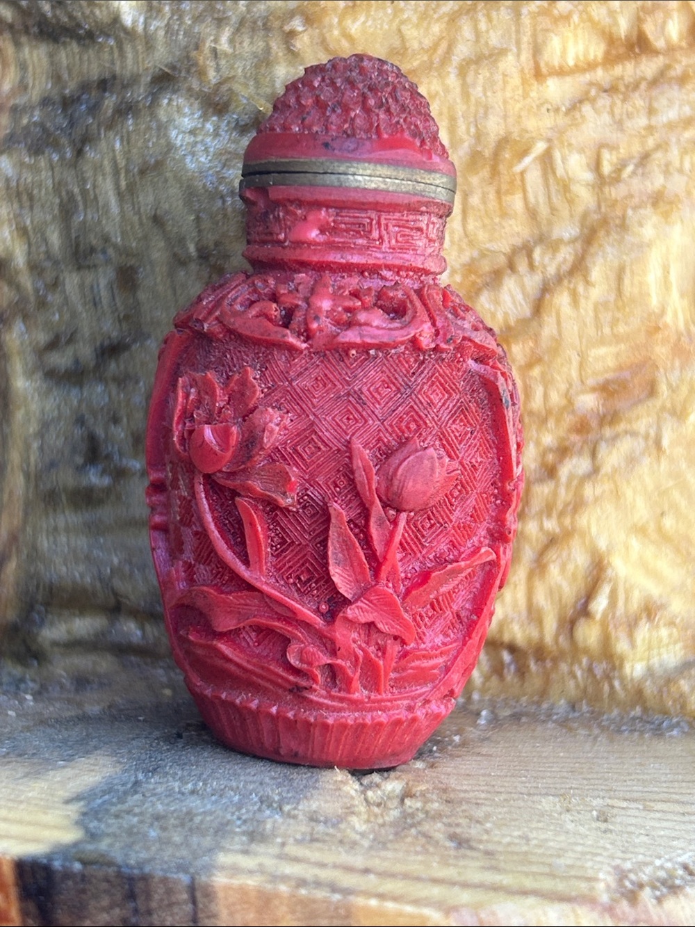 Vintage Cinnabar Red Carved Floral Snuff Bottle